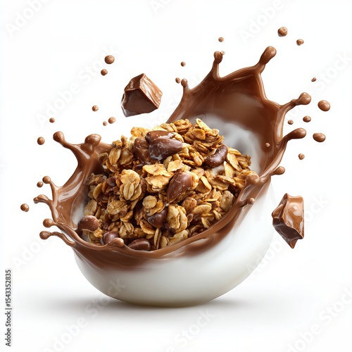 A dynamic splash of milk chocolate cascading around a bowl of granola, a visual feast of flavors and textures
