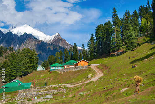 Traditional Mountain Life in Sonamarg, Kashmir with Local Villager, Colorful Houses, and Snow-Capped Himalayas