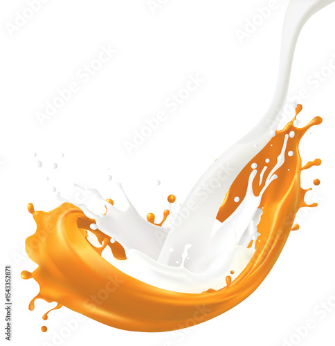 Orange juice mixed with fresh milk Orange flavored yogurt,Abstract milk splashes with oranges fruit for advertising