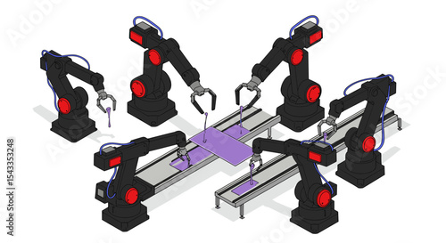 Automated robotics assembly line with robotic arms in manufacturing process isometric style vector illustration