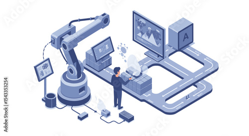 Automation and robotics in modern manufacturing and production technology isometric style vector illustration
