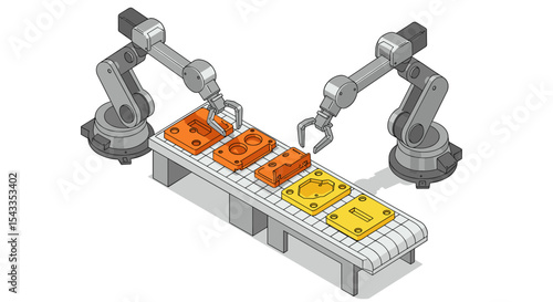 Automated robotic arm assembly line with industrial components in a factory setting isometric style vector illustration