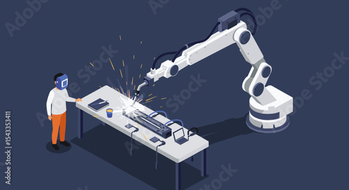 Industrial automation with robotic arm welding process in modern factory setting isometric style vector illustration