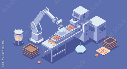 Automation in cookie production with robotic arm and conveyor belt for food industry efficiency isometric style vector illustration