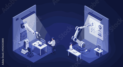 Advanced robotics in modern workspace for automation and innovation isometric style vector illustration