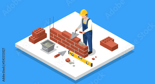 Construction worker laying bricks in a geometric scene for architecture or building design visuals isometric style vector illustration