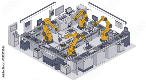 Automated factory with robotic arms working in a high-tech manufacturing setting isometric style vector illustration