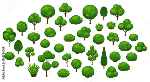 Diverse collection of cartoon green trees and bushes for nature design projects isometric style vector illustration