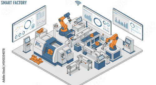 Smart factory automation with industrial robots and digital interfaces for advanced manufacturing isometric style vector illustration