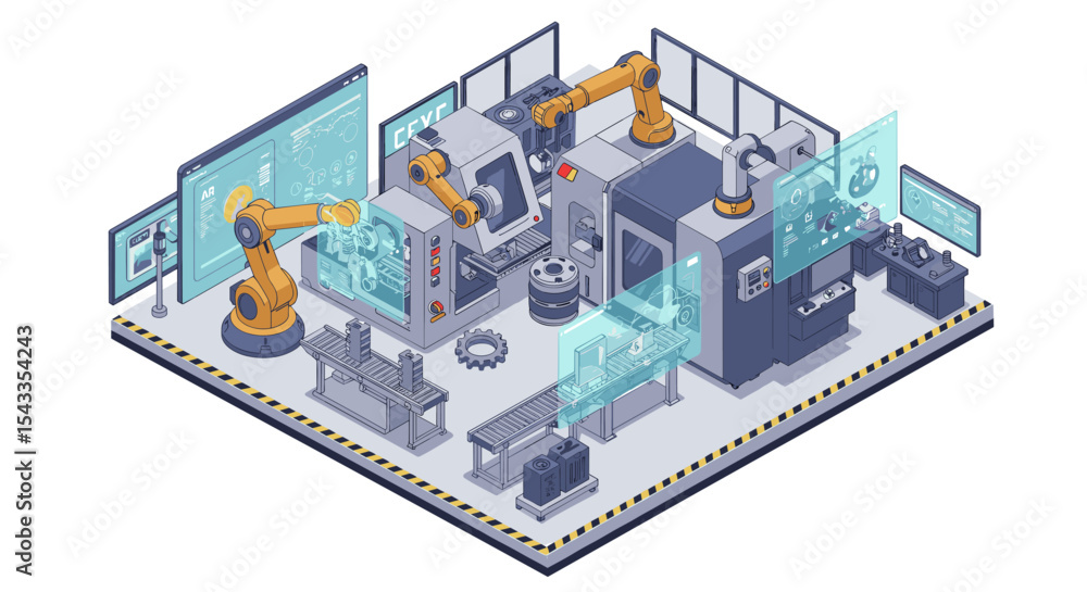 Obraz premium Futuristic automated factory with robotic arms and digital interfaces for manufacturing innovation isometric style vector illustration