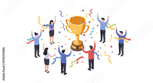 Team celebration with trophy and confetti for achievement recognition isometric style vector illustration