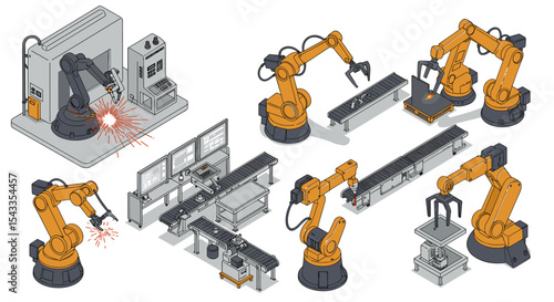 Industrial robots and automated assembly line for manufacturing and production efficiency isometric style vector illustration