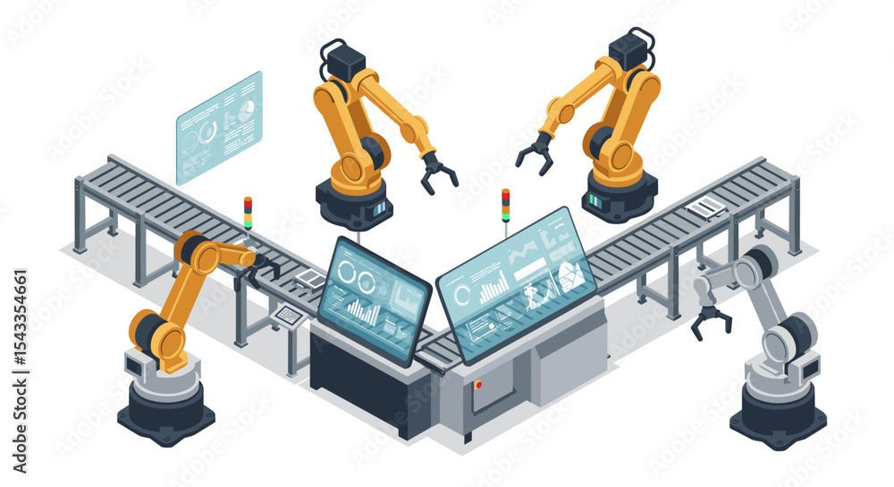 Obraz premium Modern automation and robotics in industrial manufacturing isometric style vector illustration