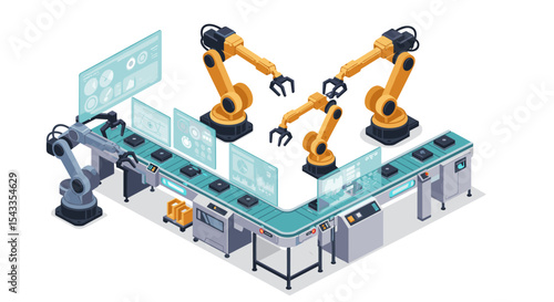 Automated robotic assembly line with high tech control panels for efficient manufacturing processes isometric style vector illustration