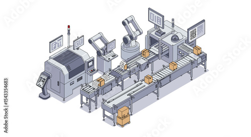 Automated factory assembly line with robotic arms and conveyor belts for industrial manufacturing isometric style vector illustration