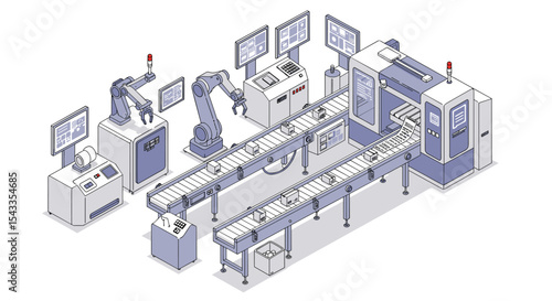 Automated manufacturing line with robots and conveyor systems for modern industry isometric style vector illustration