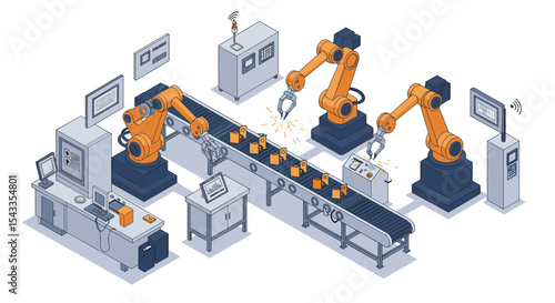 Automated robotic production line with conveyor and machines for modern industrial manufacturing isometric style vector illustration