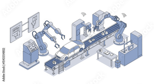 Automated car manufacturing robot assembly line for industrial automation and innovation isometric style vector illustration