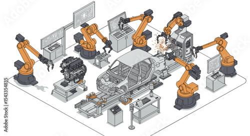 Automated car manufacturing with robotic arms and engine assembly in modern factory isometric style vector illustration