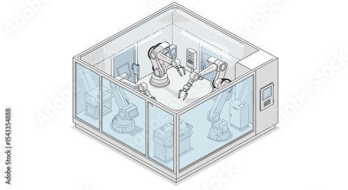 Automated robotics in a high-tech factory setting for industrial manufacturing design isometric style vector illustration