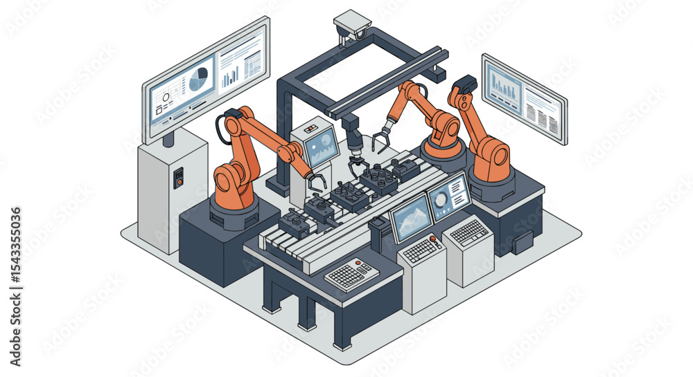 Obraz premium Automated industrial robotics assembly line in a modern factory setting isometric style vector illustration