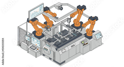 Futuristic factory automation with robotic arms in high-tech manufacturing environment isometric style vector illustration