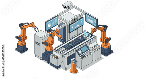 Advanced robotic automation in manufacturing process isometric style vector illustration