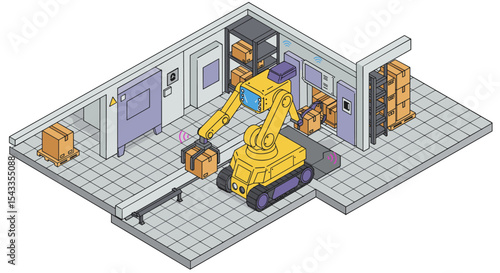 Automated warehouse system with robotic arm for efficient package handling isometric style vector illustration