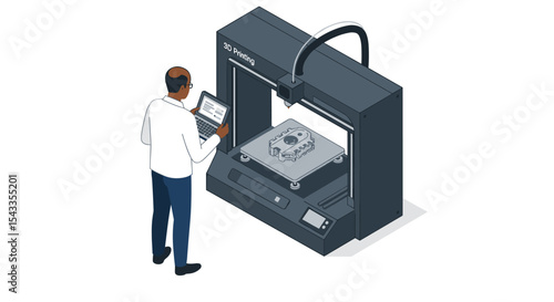 Engineer operating 3d printer for innovative manufacturing prototypes and designs isometric style vector illustration