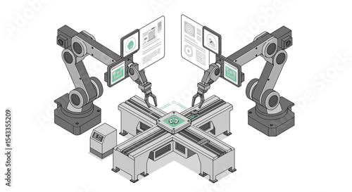 Robotic automation assembly with dual robotic arms for technology and engineering isometric style vector illustration