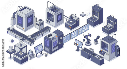 Advanced manufacturing and automation in a modern factory environment isometric style vector illustration