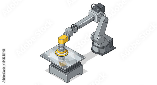 Industrial robotic arm polishing glass surface in factory setting for automation and manufacturing isometric style vector illustration