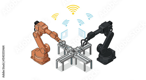Robotic arms collaborating in advanced networked automation technology concept isometric style vector illustration