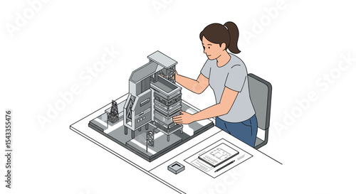 Architectural model building in progress by female architect for educational project design isometric style vector illustration