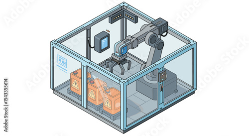 Automated industrial robot station for chemical handling and safety monitoring isometric style vector illustration
