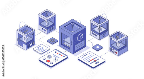Network of 3d printers with interactive controls for efficient manufacturing process isometric style vector illustration