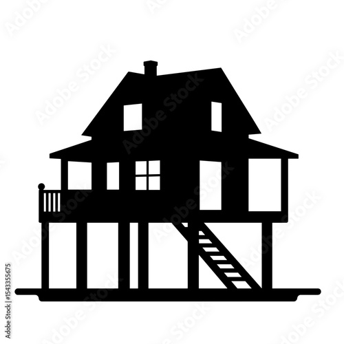 Silhouette of elevated stilt house on white background, flood protection architecture