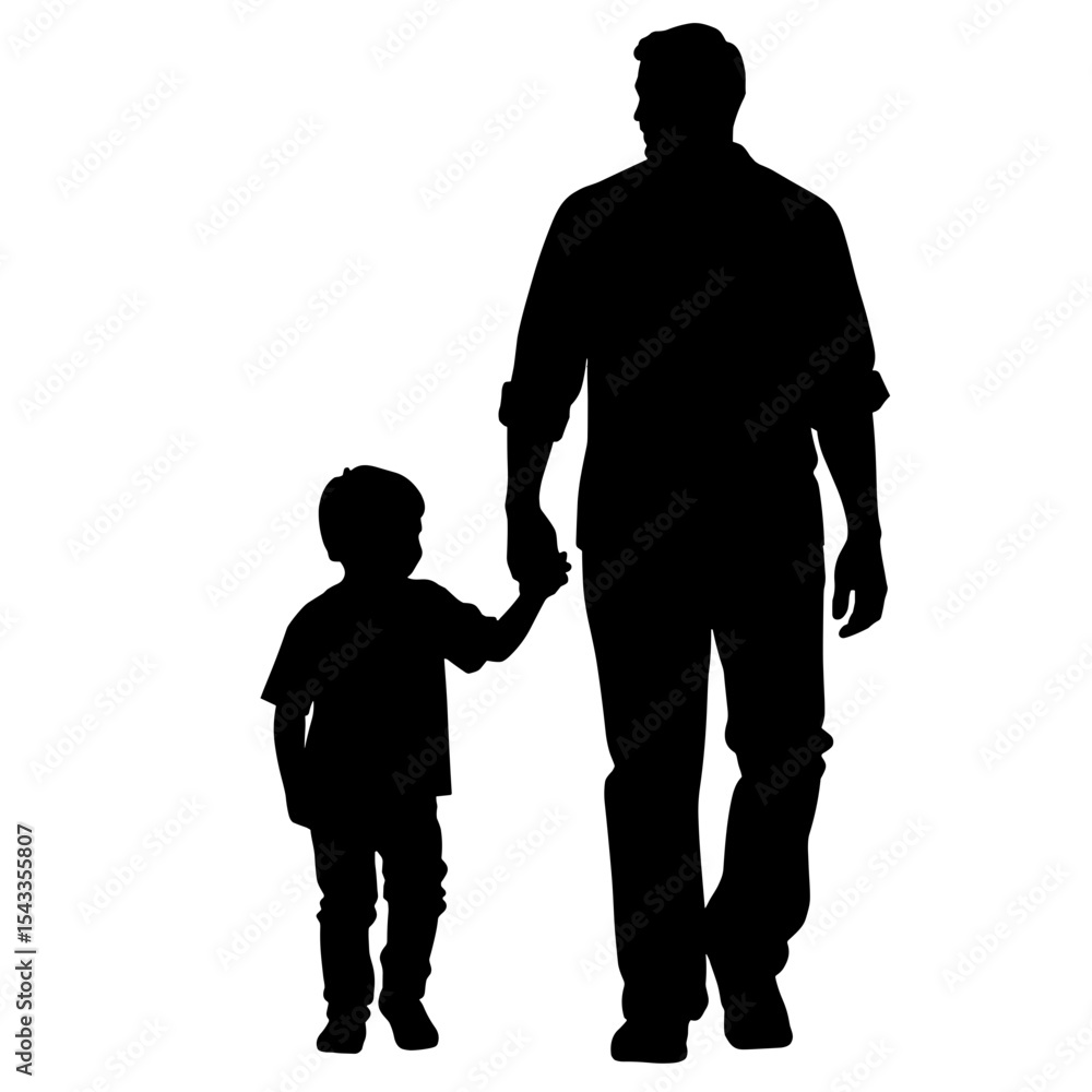 Silhouette of father holding son's hand on white background, family connection Silhouette of father holding son's hand on white background, family connection