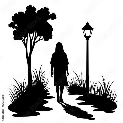 Silhouette of person on lantern-lit path with tree and grass, peaceful evening stroll