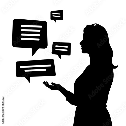Silhouette of user interacting with chatbot dialogue on white background, AI communication