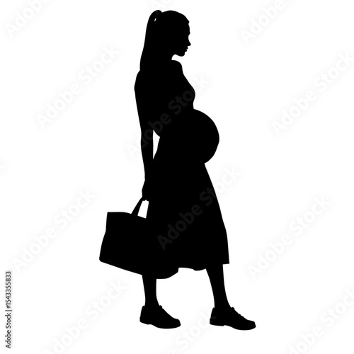 Silhouette of pregnant woman with diaper bag on white background, maternal comfort