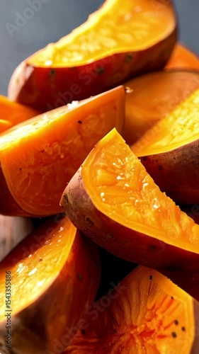Close up of roasted sweet potato wedges with visible salt, showcasing texture, color, and details against a dark background.