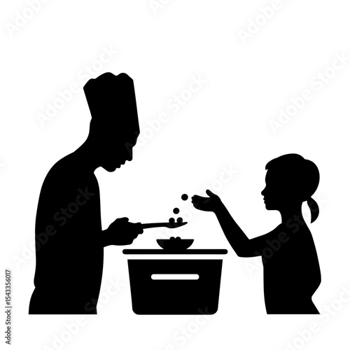 Chef and child silhouette preparing food, culinary education teamwork