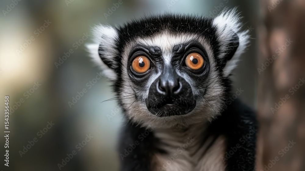 Obraz premium A close-up of a curious lemur showcases its striking orange eyes and distinct fur pattern, emphasizing its unique features and captivating gaze in a natural setting.