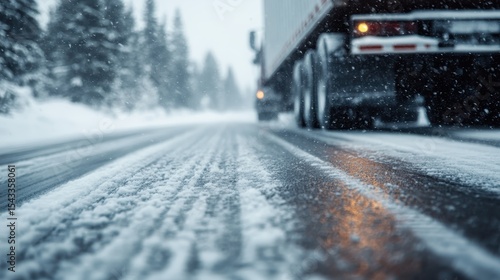 A truck traversing a snowy road amidst a winter landscape, depicting transportation challenges while emphasizing the beauty and harshness of winter weather.