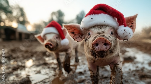 Two adorable pigs joyfully wearing festive Santa hats while exploring a muddy farm environment, radiating holiday cheer and playfulness in the atmosphere.