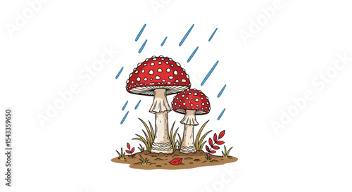 Amanita Muscaria Mushrooms Growing Together On Wet Ground After Rainfall In Autumn Season
