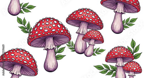 A Pattern of Bright Red Mushrooms with White Spots and Green Leaves Repeatedly