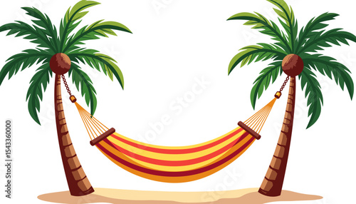 Cartoon hammock strung between two palm trees on a sandy beach, for travel blogs with space for copy