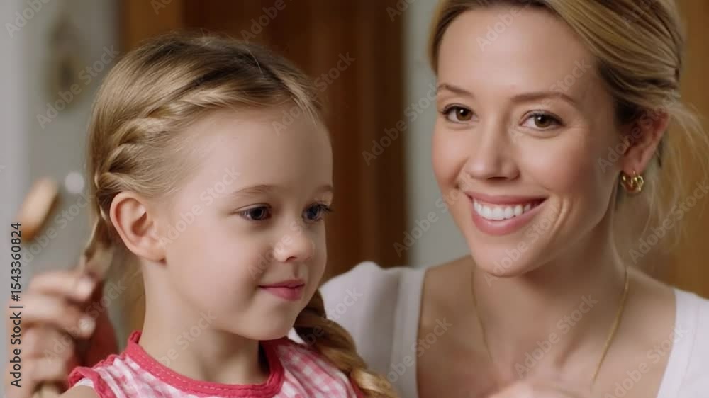 Braiding Moments: A tender mother meticulously braids her daughter's hair, their faces alight with the warmth of connection, as the soft light creates a peaceful and intimate family scene.